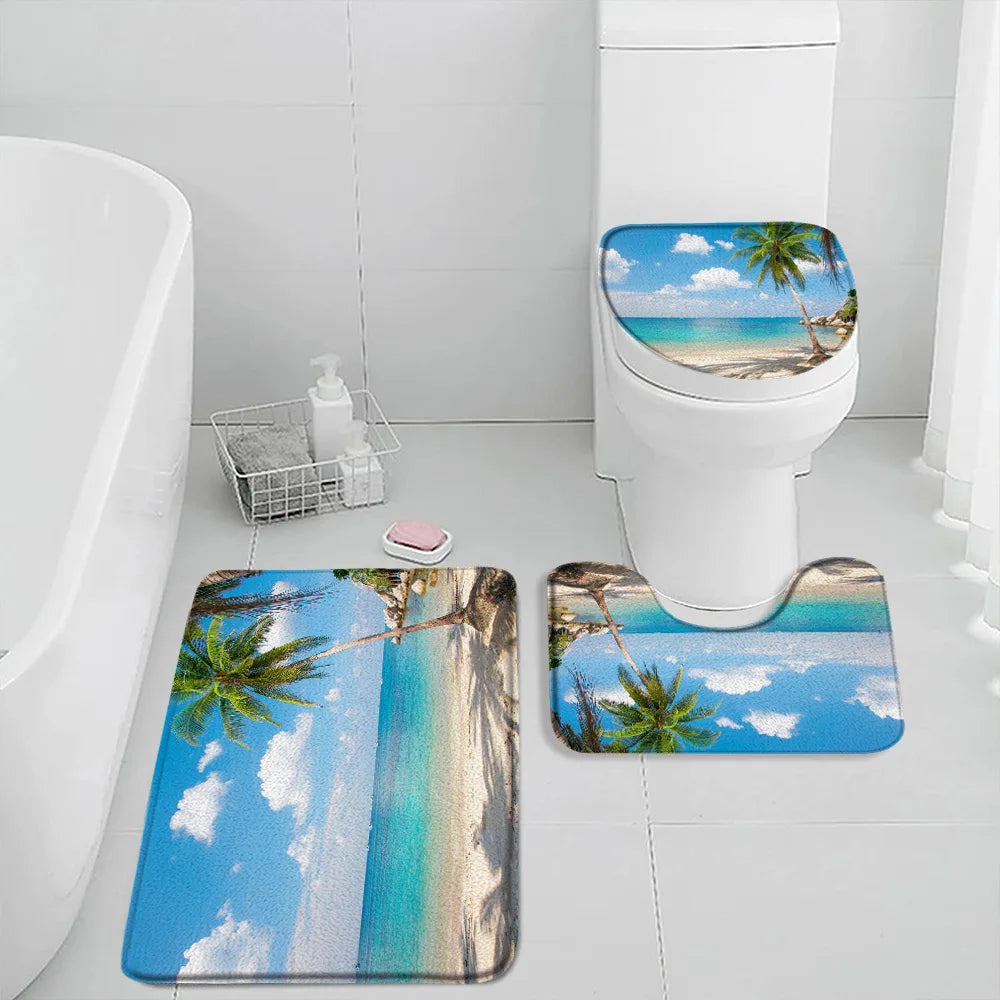 NONECN Beach Seascape Bath Mat Set 3 Piece Non Slip